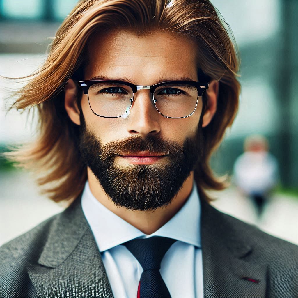portrait of a professional man with a beard and long hair wearing glasses portrait of a professional man with a beard and long hair wearing glasses